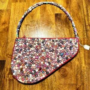 Stone Studded Purse 11" Handmade Half Moon Saddle Style Evening Bag Arm Strap